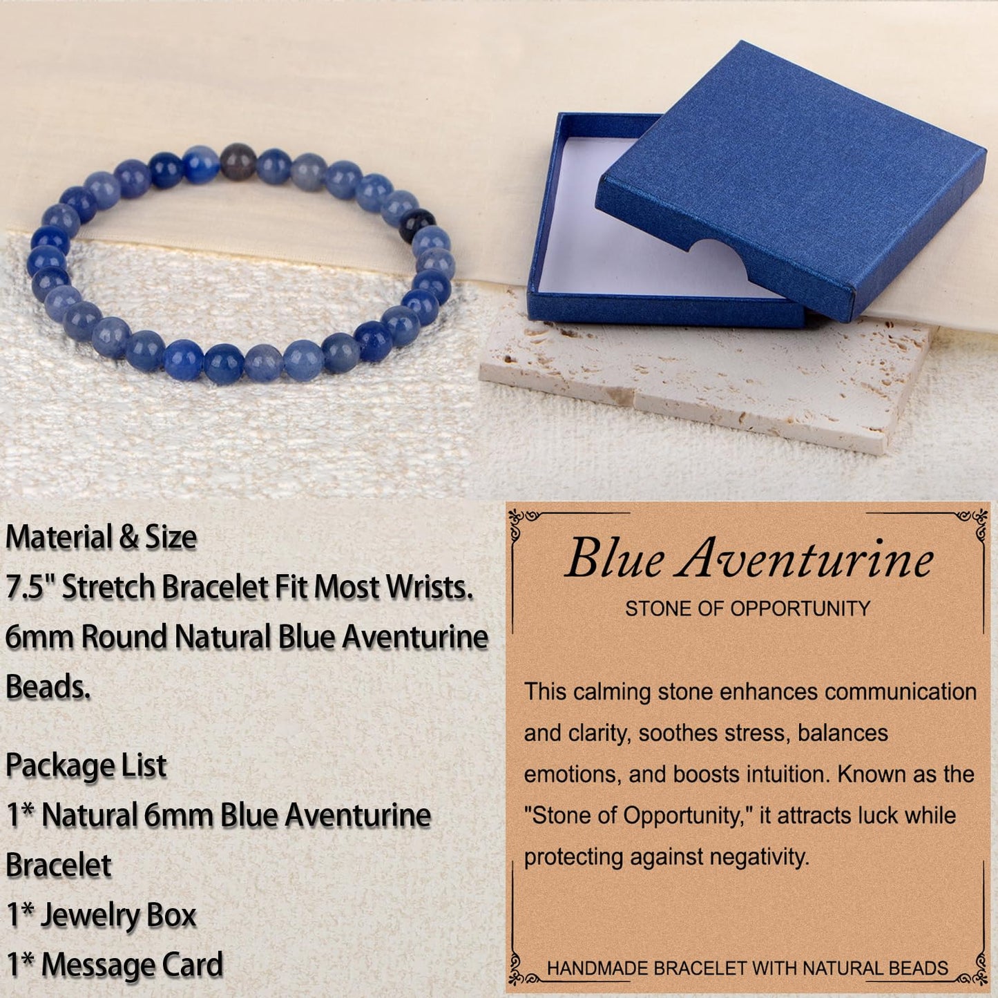 LPBeads Handmade Natural Gemstone Stretch Elastic 6mm Blue Aventurine Bracelet Healing Crystal Round Stone Beads Jewelry Gifts for Women Men