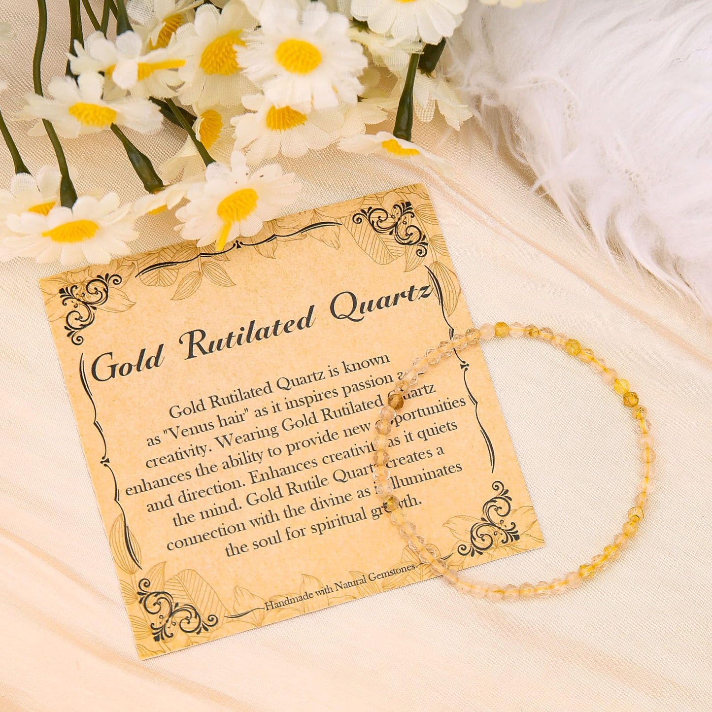 BONNY BOXX Natural Genuine Gemstone Faceted Round Beads Bracelets, 3mm Adjustable Stretchy Tiny Faceted Gold Rutilated Quartz Bracelet, Healing Crystal Reiki Chakra Dainty Jewelry Fashion Gifts