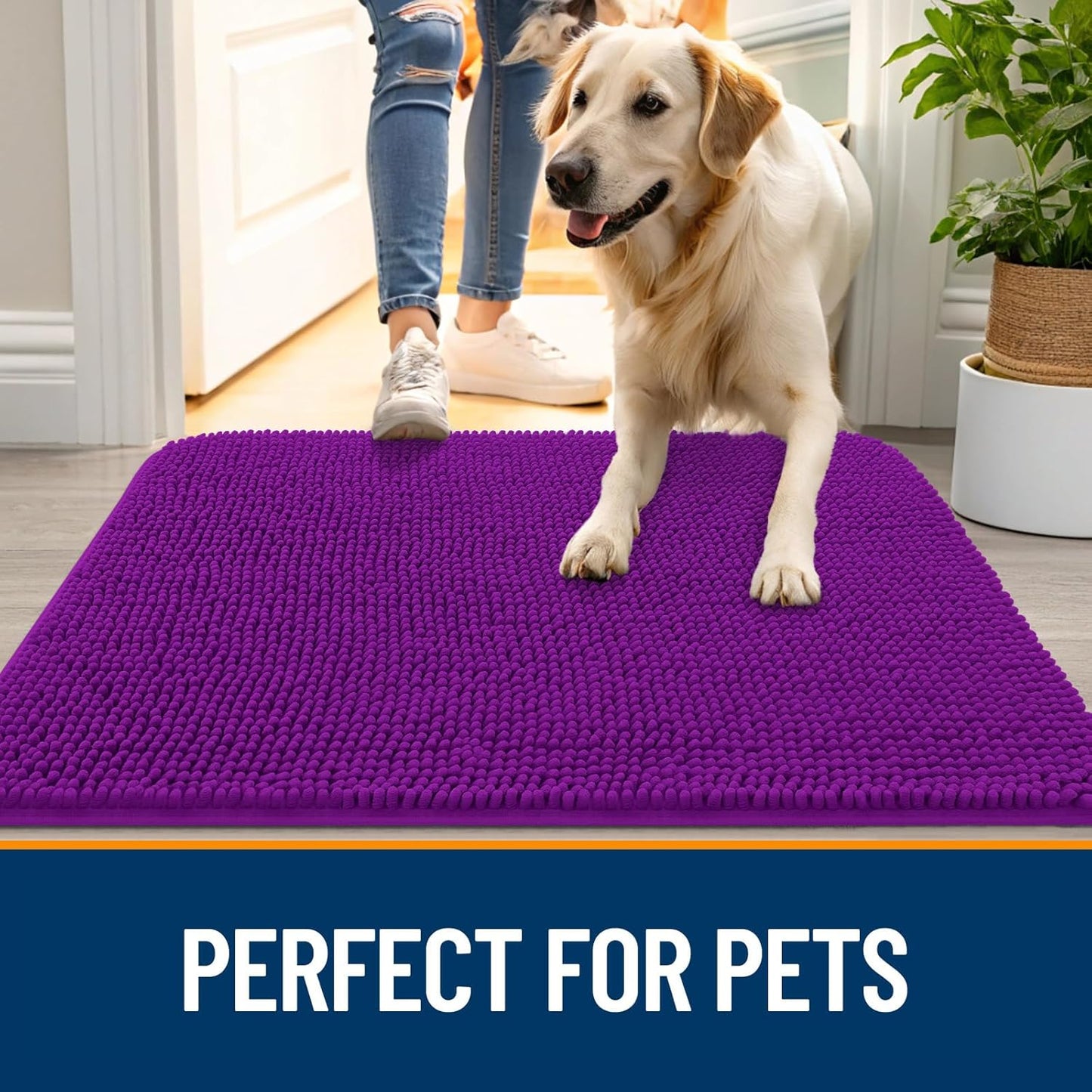 OLANLY Dog Door Mat - Absorbent Non-Slip Chenille for Muddy Paws | 47x32 Inches, Quick Dry, Purple