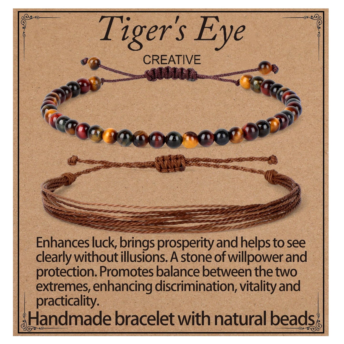 LPBeads 4mm Multicolor Tiger's Eye Bracelet with Handmade Rope Bracelet Size Adjustable Natural Stone Crystal Healing Bracelets Gifts for Unisex Adults