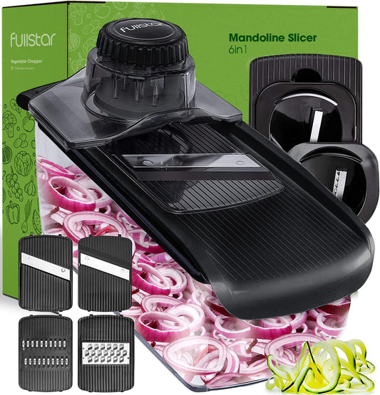 Fullstar Mandoline Slicer for Kitchen, Fruit Cutter, Cheese Grater, Cucumber Slicer, Veggie Spiralizer, Food Cutter & Kitchen Gadgets & Gifts with Safety Glove (6 in 1, Black)