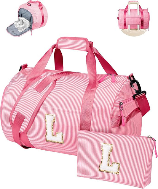 Gifts for Teenage Girls, Girl Gym Bag, Kids Initial Overnight Duffel Bags with Shoe Compartment, Personalized Travel Bag with Makeup Pouch, Girly Fashion Stuff Birthday Gift (Letter L)