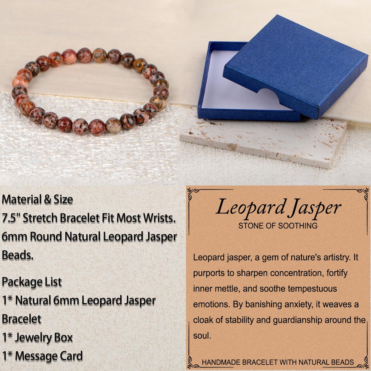 LPBeads Handmade Natural Gemstone Stretch Elastic 6mm Leopard Jasper Bracelet Healing Crystal Round Stone Beads Jewelry Gifts for Women Men