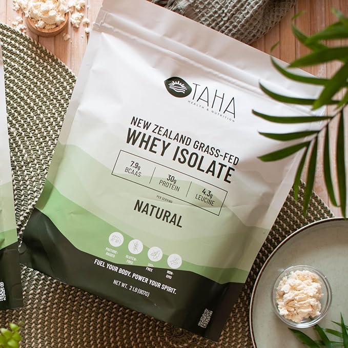 Taha Health & Nutrition Natural Unflavored Whey Protein Isolate, 30g Protein, 7.9g BCAAs, 4.3g Leucine | New Zealand Grass-Fed, Free-Range Dairy | Gluten & Soy Free, Keto, Kosher | 2LB, ~26 Servings
