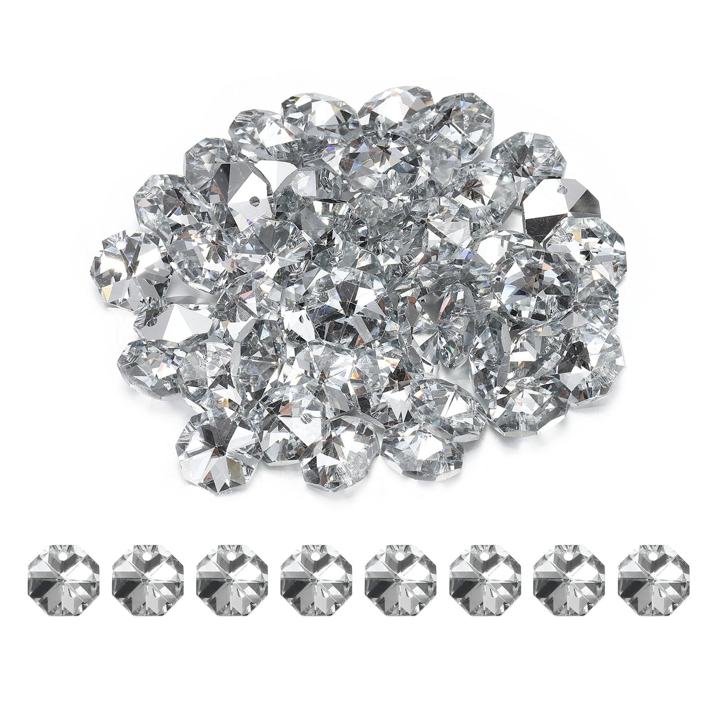 uxcell 50Pcs 1 Hole Crystal Octagon Beads, 14mm K9 Glass Hanging Chandelier Beads Prisms Parts for Crystal Chandeliers Lamp Hanging Pendant Jewelry DIY Craft, Silver Tone