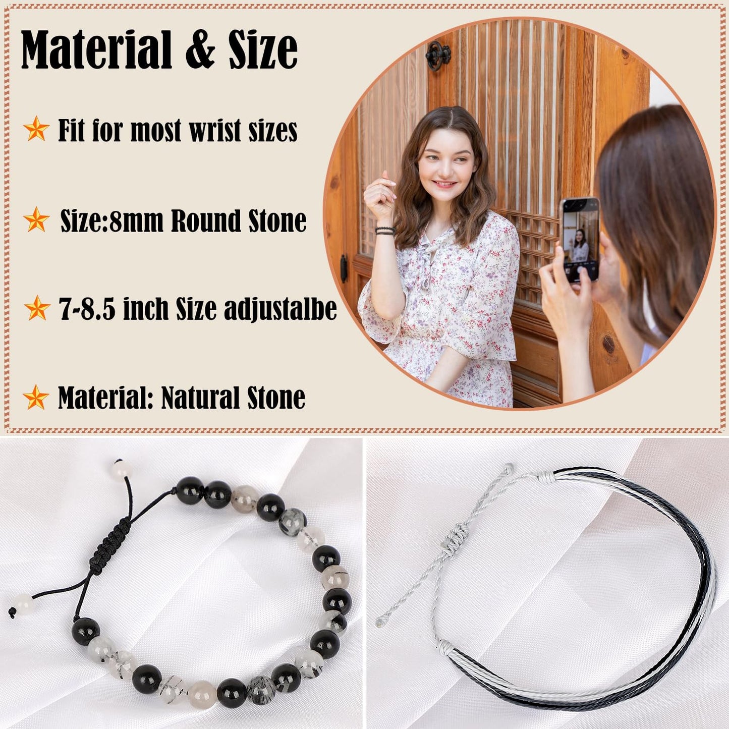 LPBeads 8mm Black Rutilated Bracelet with Handmade Rope Bracelet Size Adjustable Natural Stone Crystal Healing Bracelets Gifts for Unisex Adults