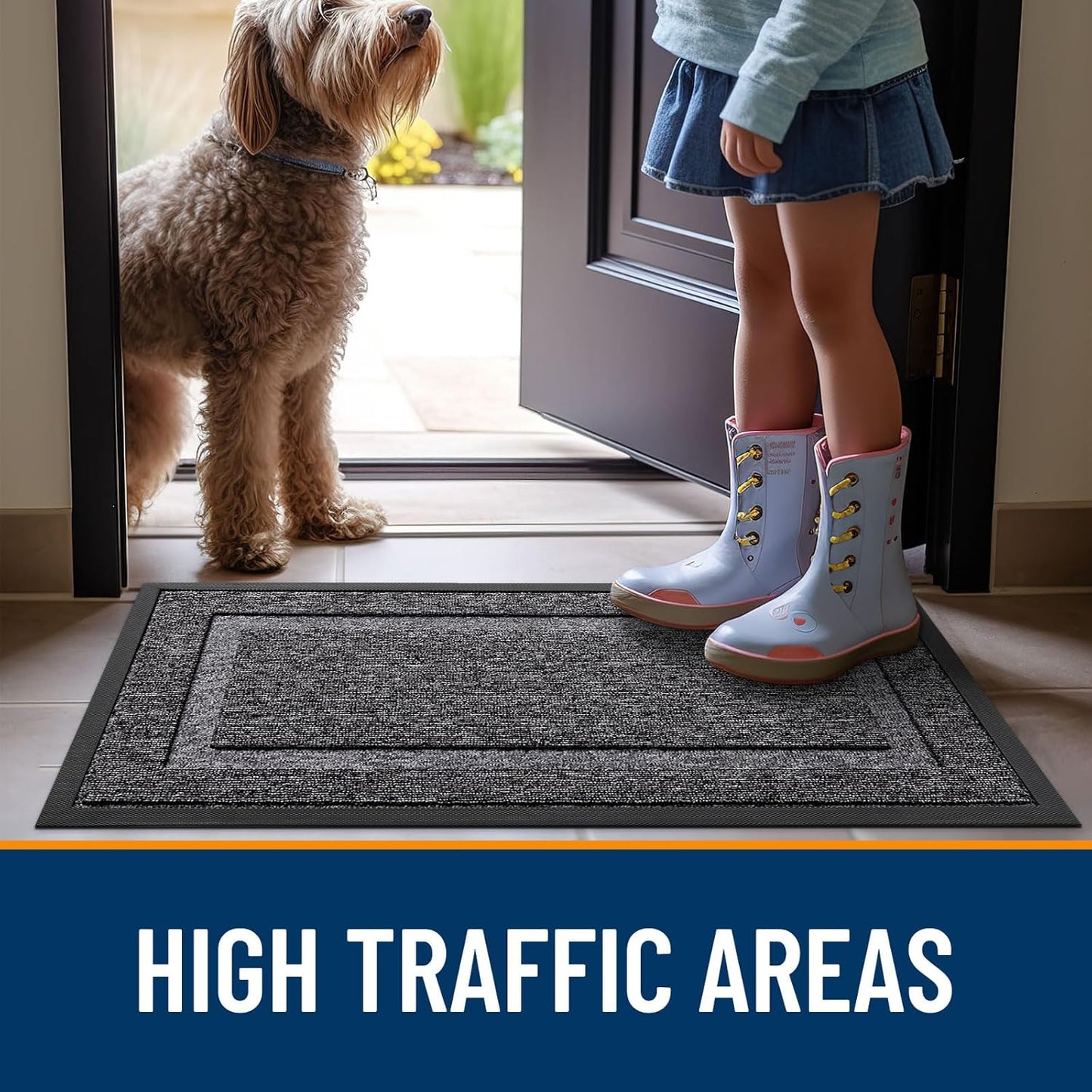 OLANLY Indoor Outdoor Front Door Mat - Waterproof All-Season Doormat | Sturdy Rubber, 59x23, Black & White