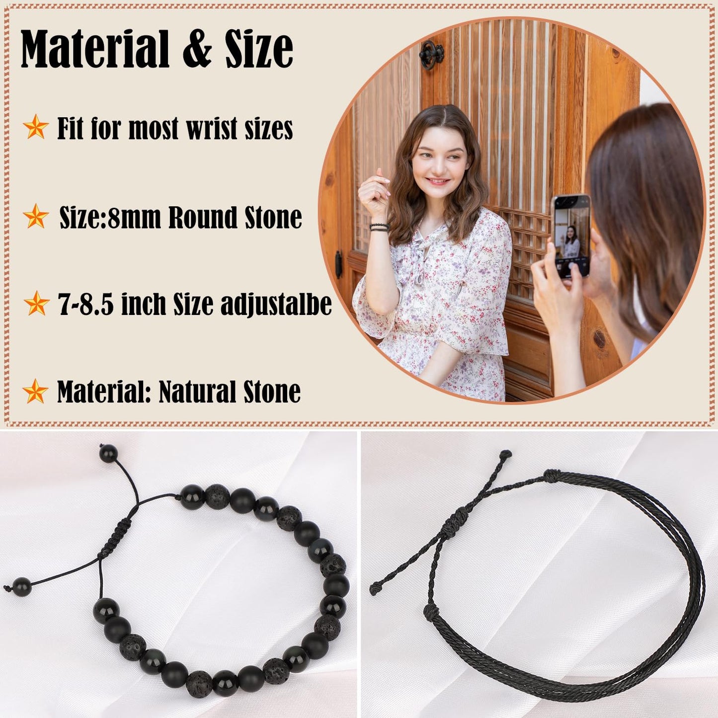 LPBeads 8mm Onyx Lava Obsidian Mixed stone Bracelet with Handmade Rope Bracelet Size Adjustable Natural Stone Crystal Healing Bracelets Gifts for Unisex Adults