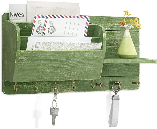 Rebee Vision Pine Wood Key Holder Wall Mount for Apartment Essentials - Farmhouse Key Holder for Wall with Mail Slot & Shelf for Mail & Accessories - Rustic Charm for Home Decor Aesthetic (Green)