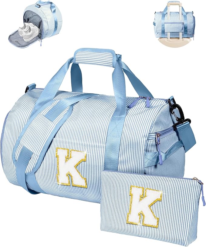 Girls Cheer Up Gifts, Girl Gym Bag, Kids Initial Overnight Duffel Bags with Shoe Compartment, Personalized Travel Bag with Makeup Pouch, Birthday Gift for Niece Daughter (Letter K)