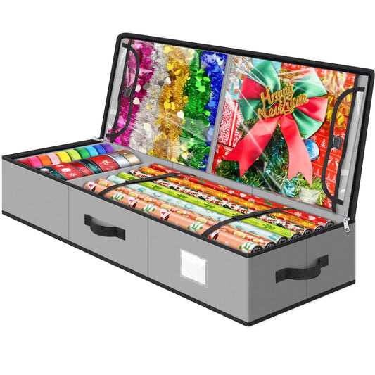 BlessedSeason Wrapping Paper Storage Organizer for 40 Inch Christmas Gifts Wrapping Paper, 2 Visible Supplies Pockets for Holiday Accessories, Christmas Decoration Storage Containers, Grey