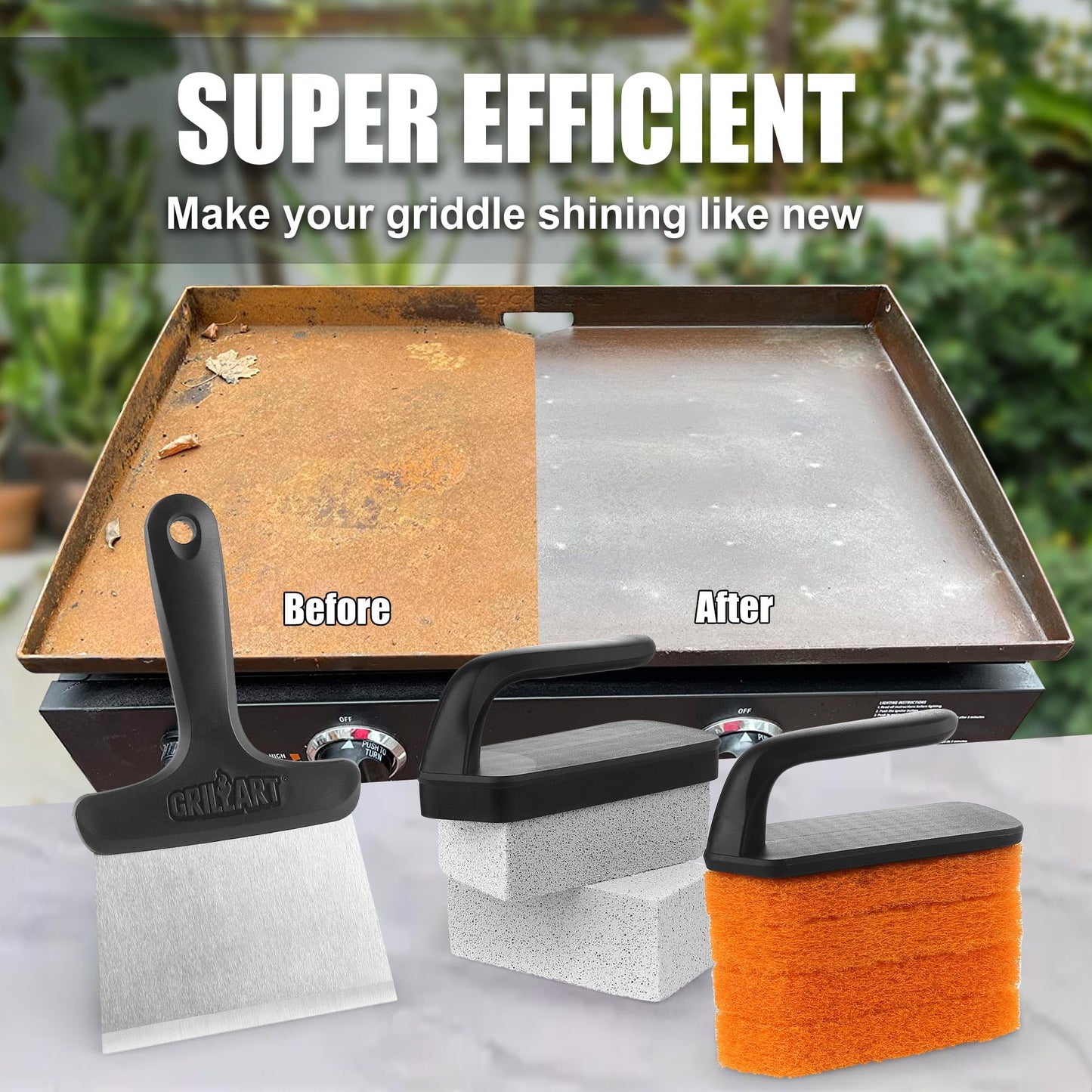 GRILLART Griddle Cleaning Kit for Blackstone, Flat Top Grill Cleaning Kit with Grill Stone, Griddle Scraper, Scouring Pad and Handles, Multifunctional Griddle Accessories for Rusty Grills, Orange