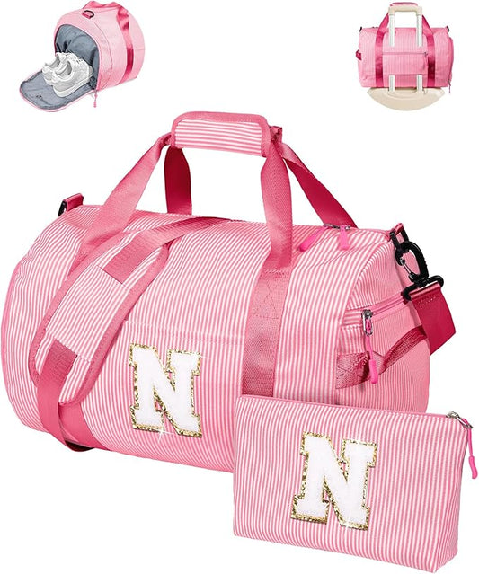Gift Ideas for Teen Girls, Girl Gym Bag, Kids Initial Overnight Duffel Bags with Shoe Compartment, Personalized Travel Bag with Makeup Pouch, Graduation Gifts for Daughter Niece (Letter N)