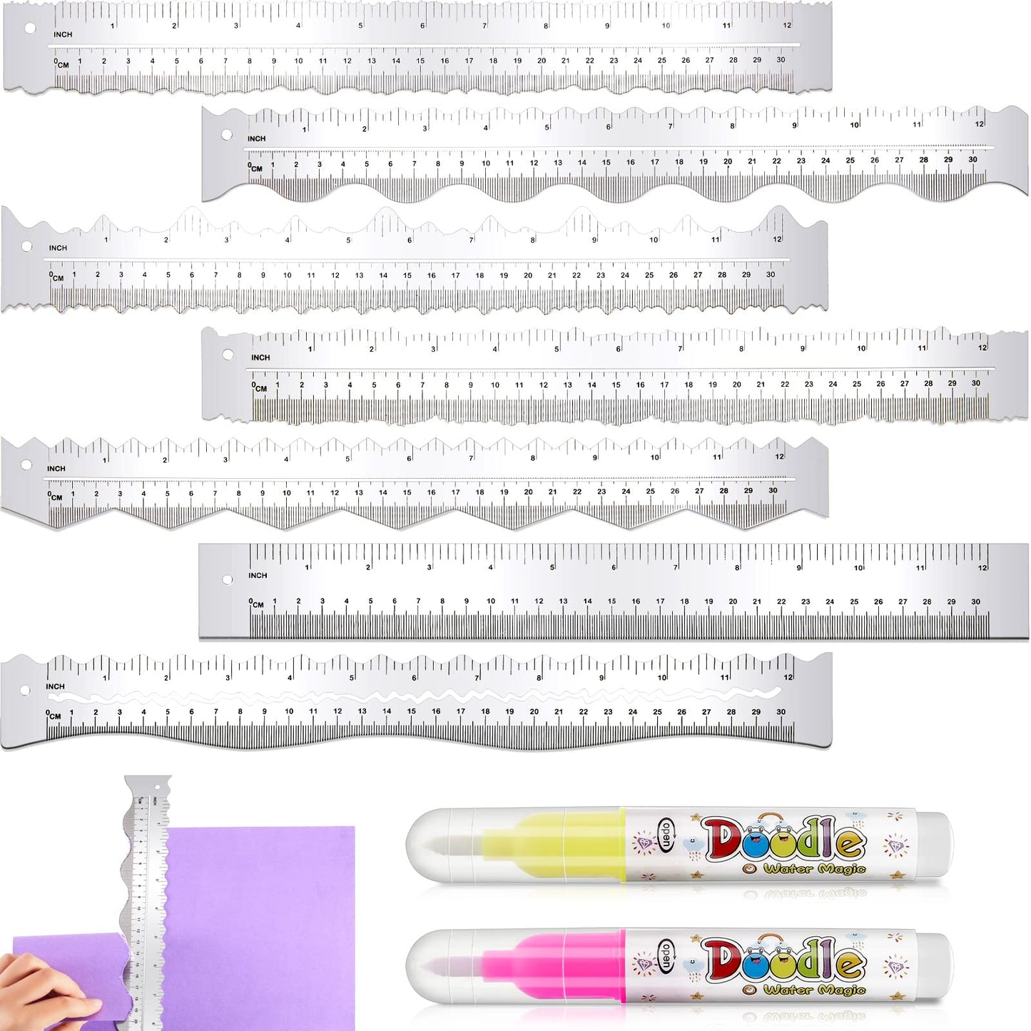 Henoyso 7 Pcs Metal Paper Tearing Ruler Deckle Edge Craft Stainless Steel Paper Cut Tool 12 Inch Irregular Edges Ruler Measurements Tool with 2 Watercolor Pen for Craft School Scrapbook