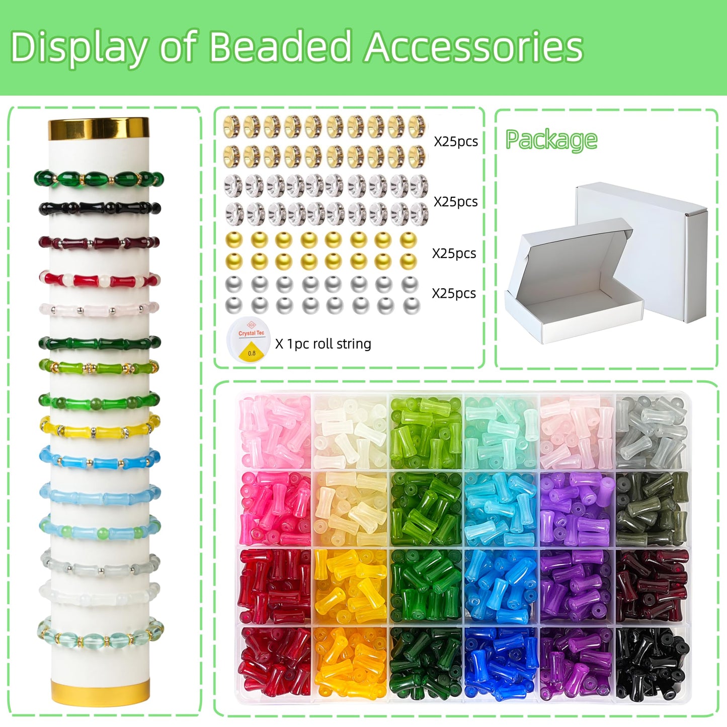 REVKI 6 * 12mm Glass Beads Bracelet Making Kit,600pcs 24 Colors Rice Shaped Natural Bamboo Crystal Beads for Jewelry Making,Teardrop Glass Beads for DIY Necklace Crafts