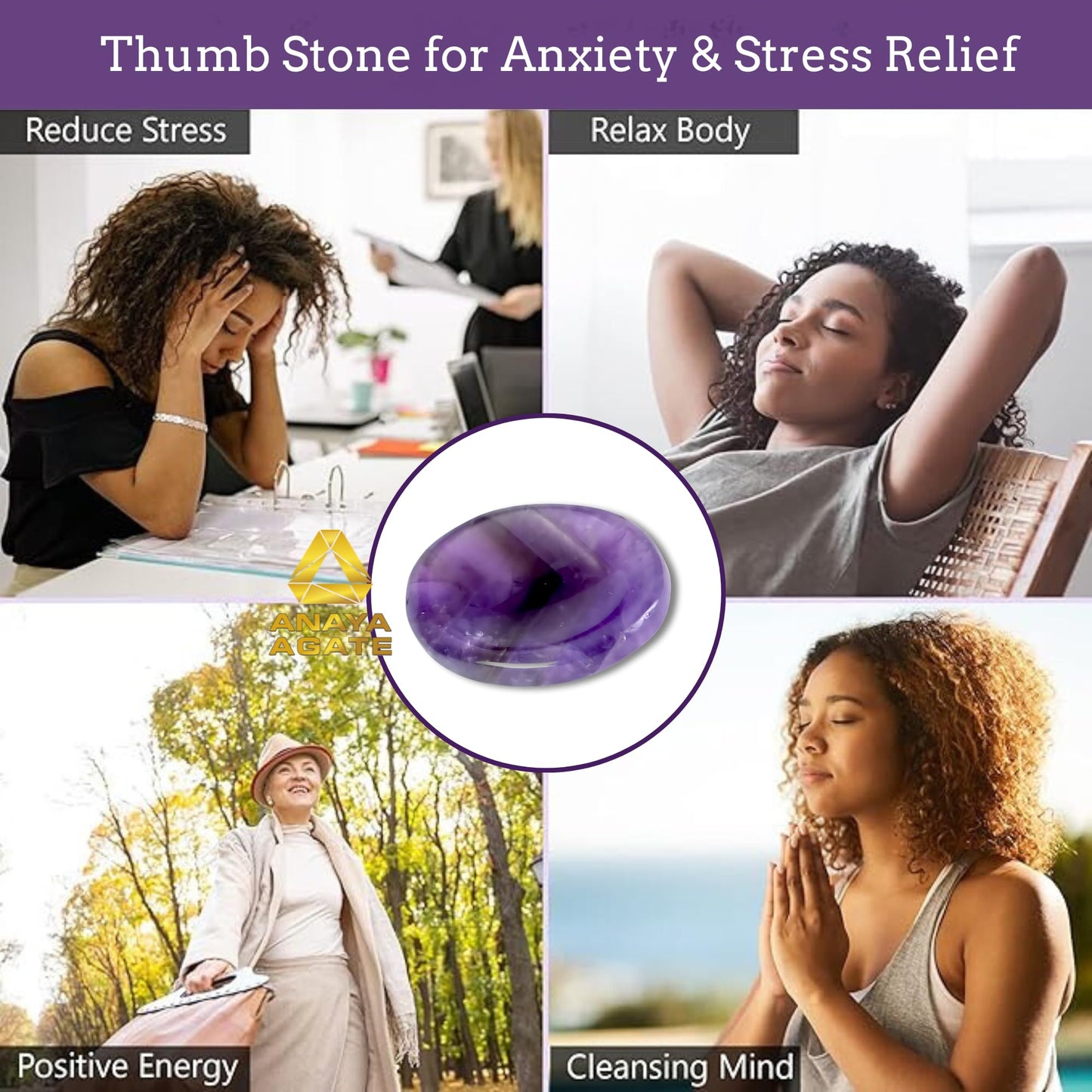 Anaya Agate Amethyst Worry Stones Certified Crystal Thumb Worry Stone for Anguish, Relaxing and Soothing Balance Stones for Meditation, Stress Relief Crystals and Healing Stones for Men, Women