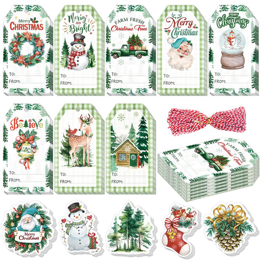 Frienda 137 Pcs Vintage Christmas Gift Tags with String Green Christmas Gifts Tags Xmas Hanging Gift Labels Rustic Neutral Xmas Pre Punched Present Labels for DIY Wrap Decor