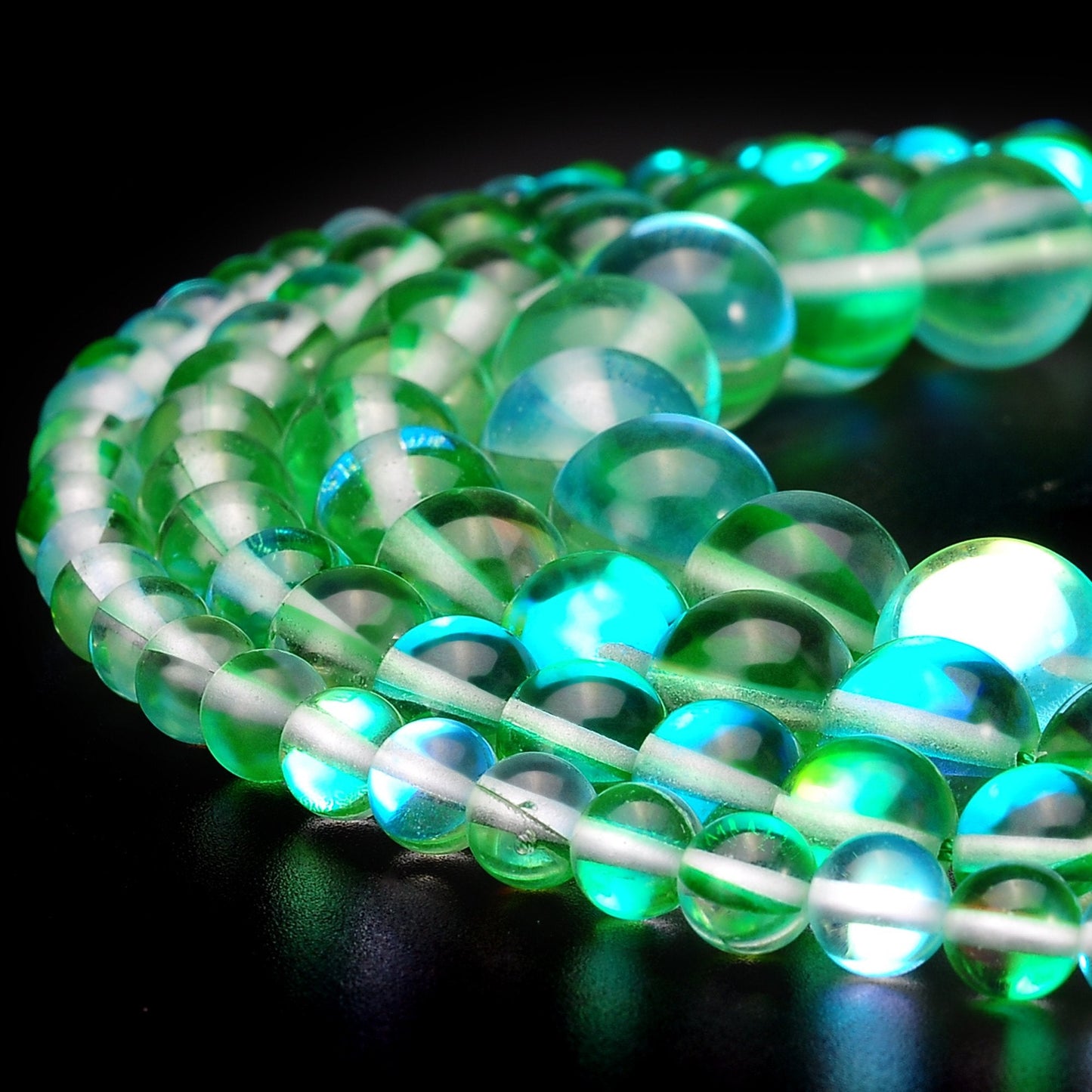 RUBYCA Round Moonstone Crystal Glass Beads Aura Iridescent for Jewelry Making (1 Strand, 10mm, Green)