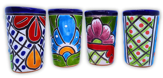 MEXTEQUIL - Talavera Shot Glasses Set of 4 Authentic Mexican Tequila Shot Glasses - Hand-painted - 2 Oz (Blue with Green)