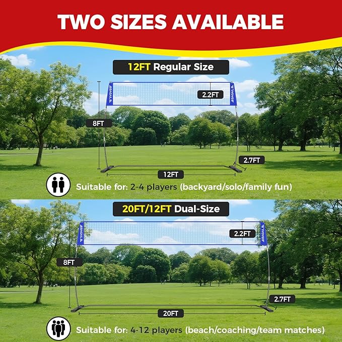 BAGAIL Volleyball Net, 12ft/20ft Portable Volleyball Net for Backyard - Adjustable Height, Heavy-Duty Frame, Freestanding Design - Portable Outdoor/Indoor Volleyball Set with Carry Bag