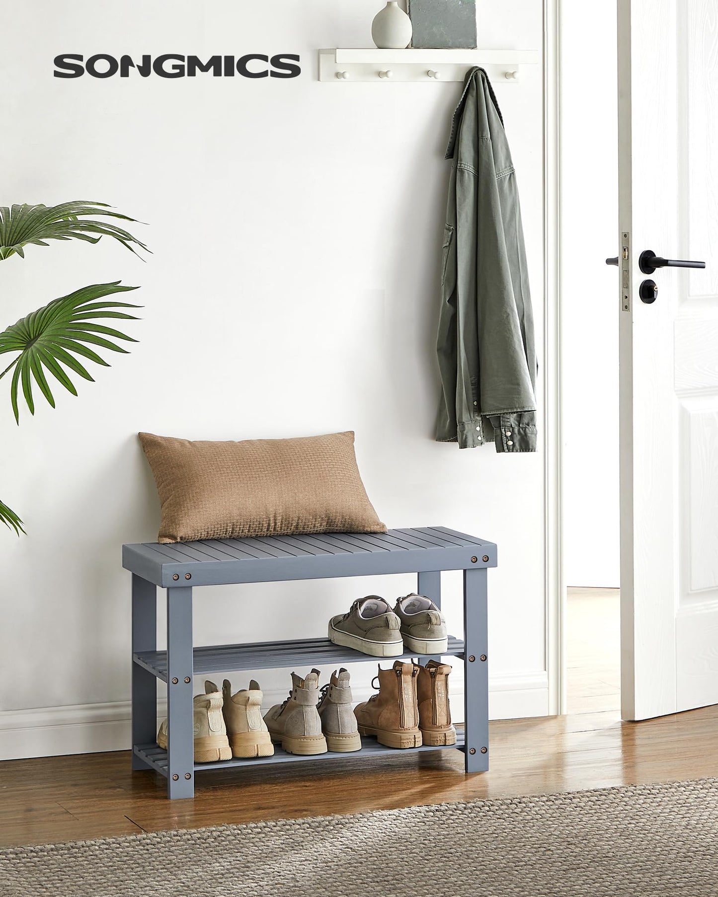 SONGMICS Shoe Rack Bench, 3-Tier Bamboo Shoe Storage Organizer, Entryway Bench, Holds Up to 286 lb, 11.3 x 27.6 x 17.8 Inches, for Entryway Bathroom Bedroom, Grey ULBS04GY