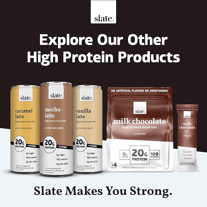 Slate Milk - High Protein Milk Shake - Chocolate Variety Pack - Chocolate, Dark Chocolate, Mocha Latte - Lactose Free, 20g Protein, 1g Sugar, 100-110 Calories, 1-3g Net Carbs - 11 fl oz, 12 Cans