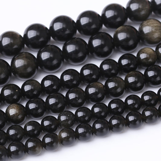 32PCS 12MM Natural Black Golden Obsidian Stone Beads Energy Healing Beads for DIY Jewelry Bracelet Necklace Making for Jewelry Making15Inch