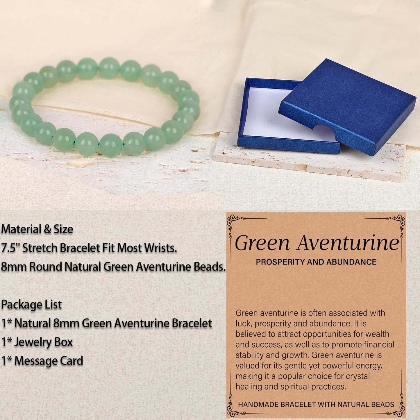 LPBeads Handmade Natural Gemstone Stretch Elastic 8mm Green Aventurine Bracelet Healing Crystal Round Stone Beads Jewelry Gifts for Women Men
