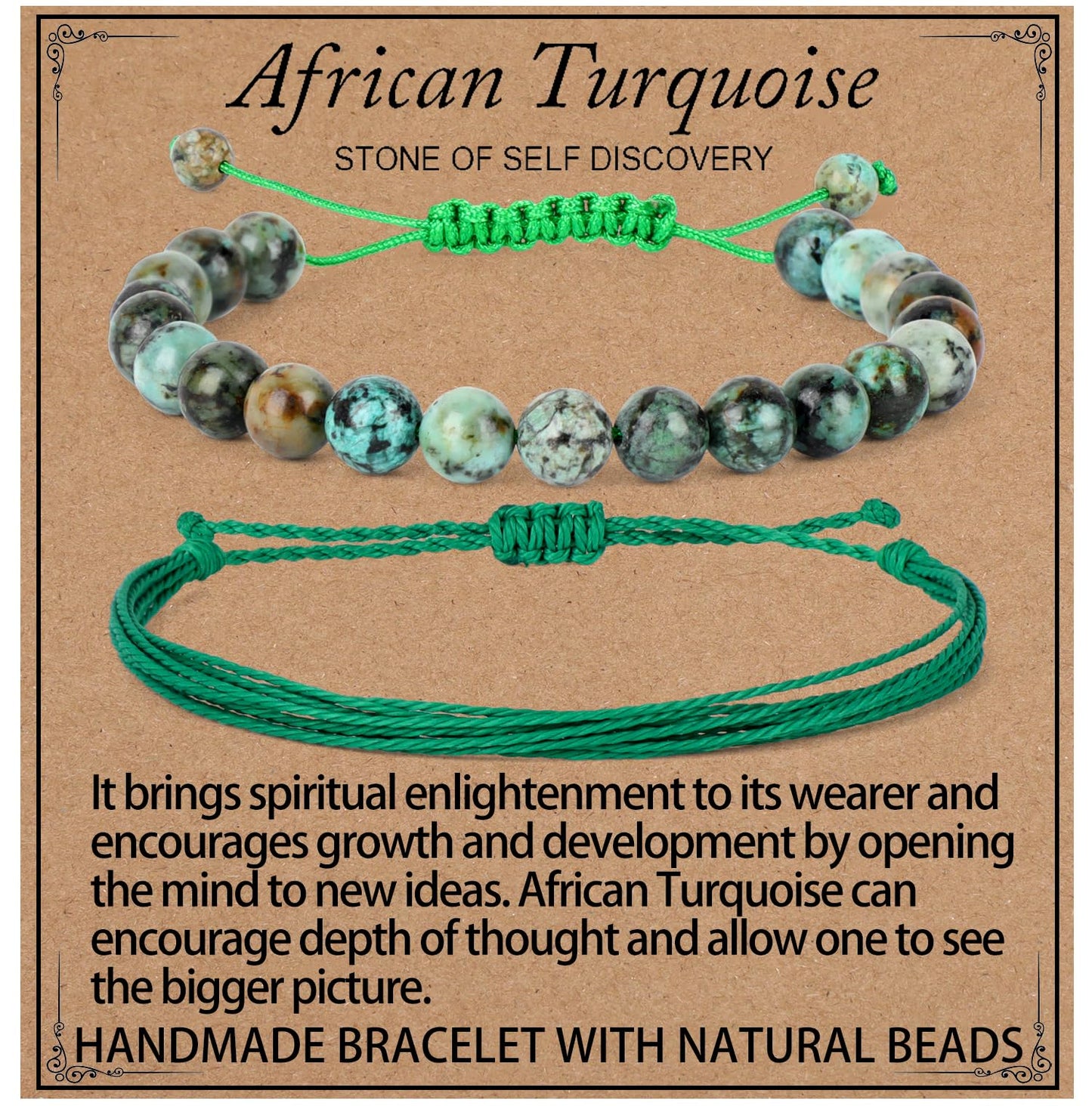 LPBeads 8mm African Turquoise Bracelet with Handmade Rope Bracelet Size Adjustable Natural Stone Crystal Healing Bracelets Gifts for Unisex Adults
