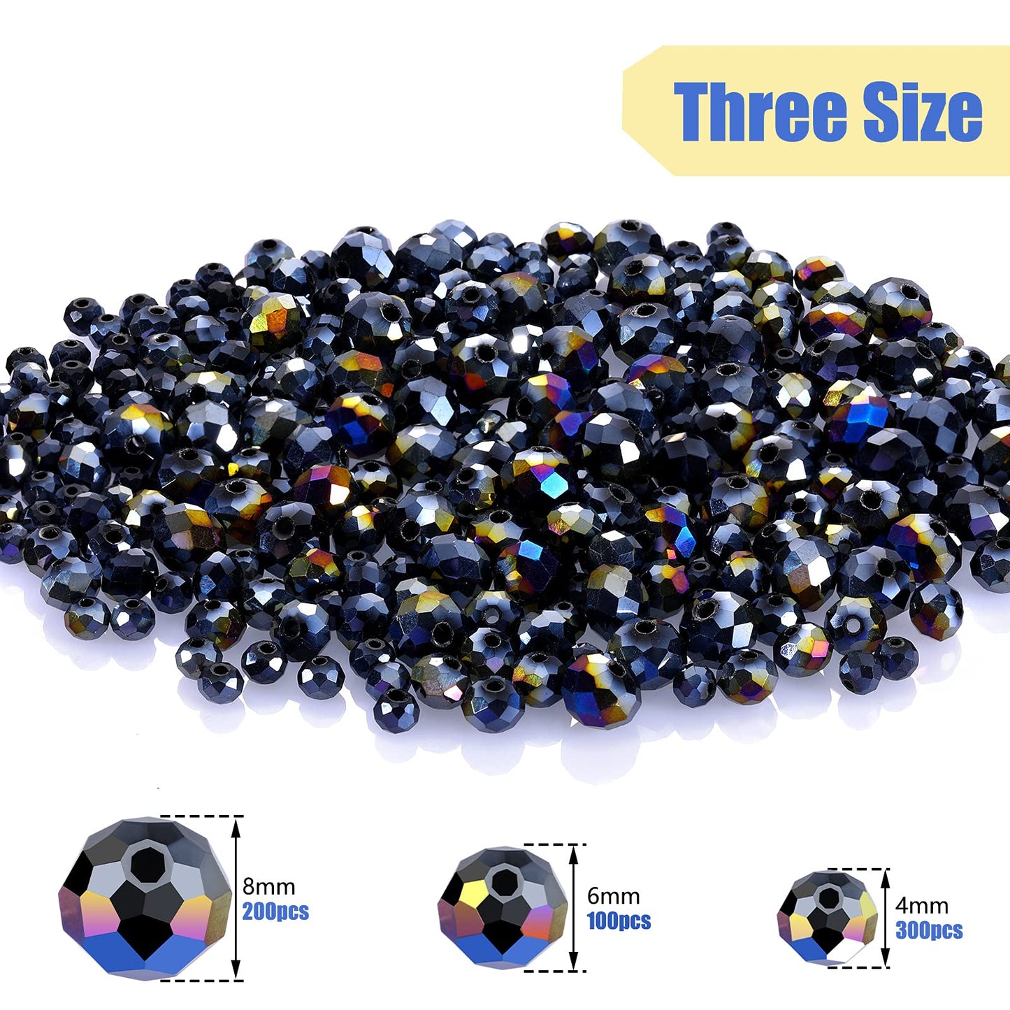 WILLBOND 600 Pcs Crystal Glass Beads for Jewelry Making Bulk Suncatcher Faceted Rondelle Loose Gemstone for Valentine's Day, Irish Holiday, Easter Bracelet DIY Crafts 8mm, 6mm, 4mm(Black AB Color)