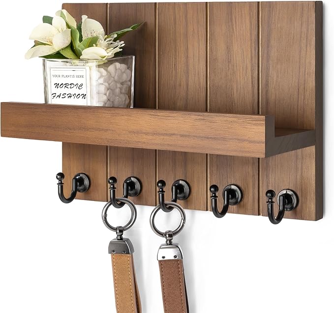 Rebee Vision Decorative Key Holder Wall Mount - Rustic Key Holder for Wall with Shelf and Mail Organizer for Living Room Decor - Home Essentials for Home Improvement (Brown, 3.54" x 10" x 7.28")
