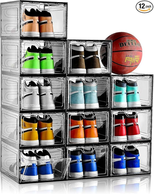 INSTY 12 Pack Gray Transparent Shoe Storage Organizer, Stackable Shoe Boxes for Closet, Drop Front Plastic Shoe Box with Grey Door, Easy to Assemble, Fit up US Size 12(13.4”x 9.8”x 7.1”)