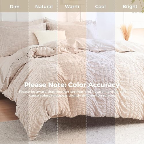 HYMOKEGE California King Comforter Set - Luxury 7-Piece Seersucker Bedding in Beige for All Seasons