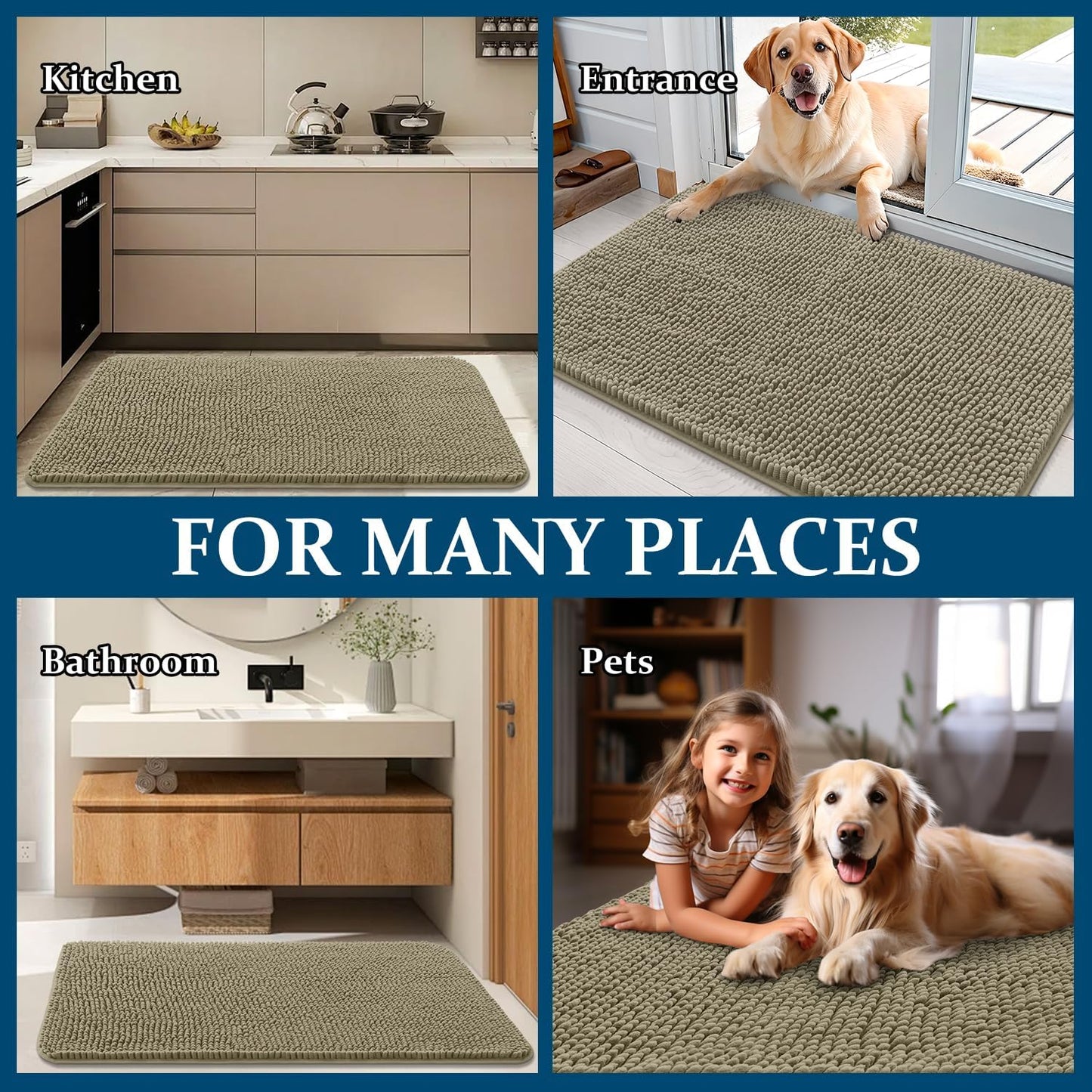 OLANLY Dog Door Mat - Absorbent Non-Slip Chenille Mat for Muddy Paws | 47x24 Inches, Warm Taupe