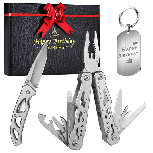 Multitools Set “HAPPY BIRTHDAY”, Gift for Birthday 14-in-1 Multi-tool Pliers, Pocket Knife & Keychain Tag, 3-Piece EDC Kit for Camping, Hiking - Premium Gift Box for Men Women