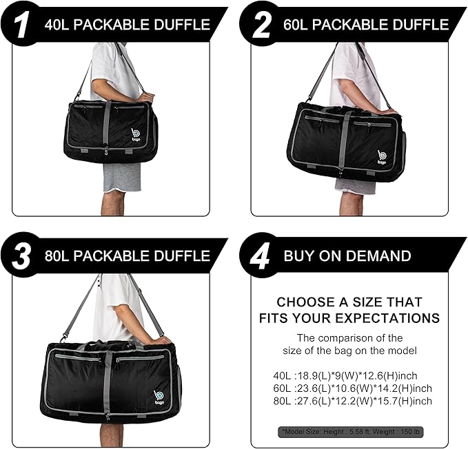 Bago Foldable Duffel Bags for Traveling Women & Men - 40L Sports Packable Duffle Bag for Travel with Shoe Compartment - Water Repellant, Heavy Duty, Lightweight Folding & Collapsible (Black)