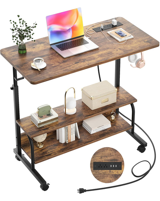 Armocity Rolling Standing Desk with Power Outlets, 32" Manual Height Adjustable Mobile Computer Desk with Wheels, Small Portable Sit Stand Laptop Couch Table for Bed & Sofa Home Office, Rustic Brown