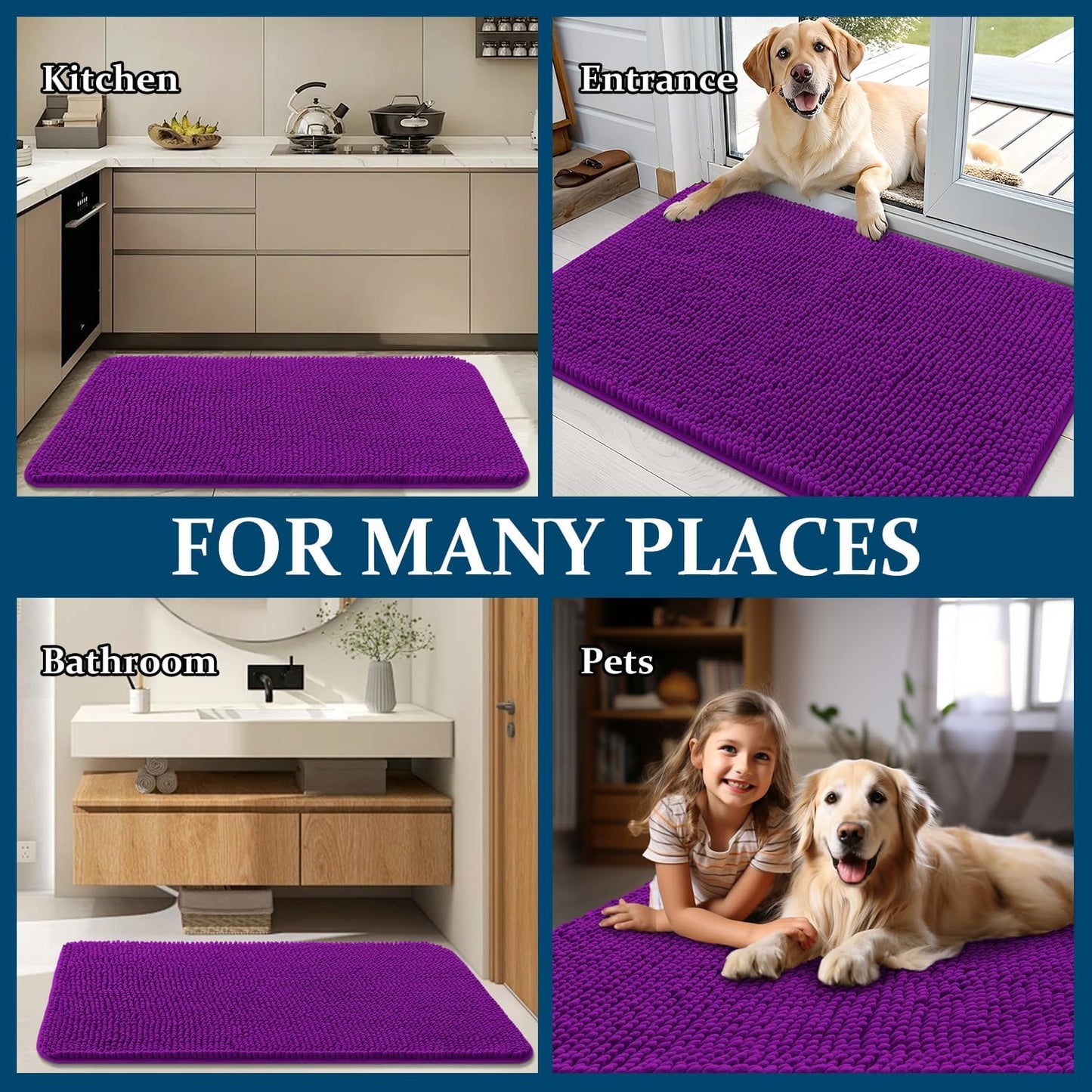 OLANLY Dog Door Mat - Absorbent Non-Slip Chenille for Muddy Paws | Quick Dry 50x30 Purple Indoor Carpet