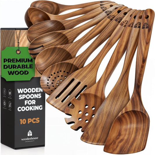 Wooden Spoons for Cooking – 10 Pcs Teak Wood Utensil Set, Durable, Nonstick Safe & Heat Resistant with Ergonomic Handles
