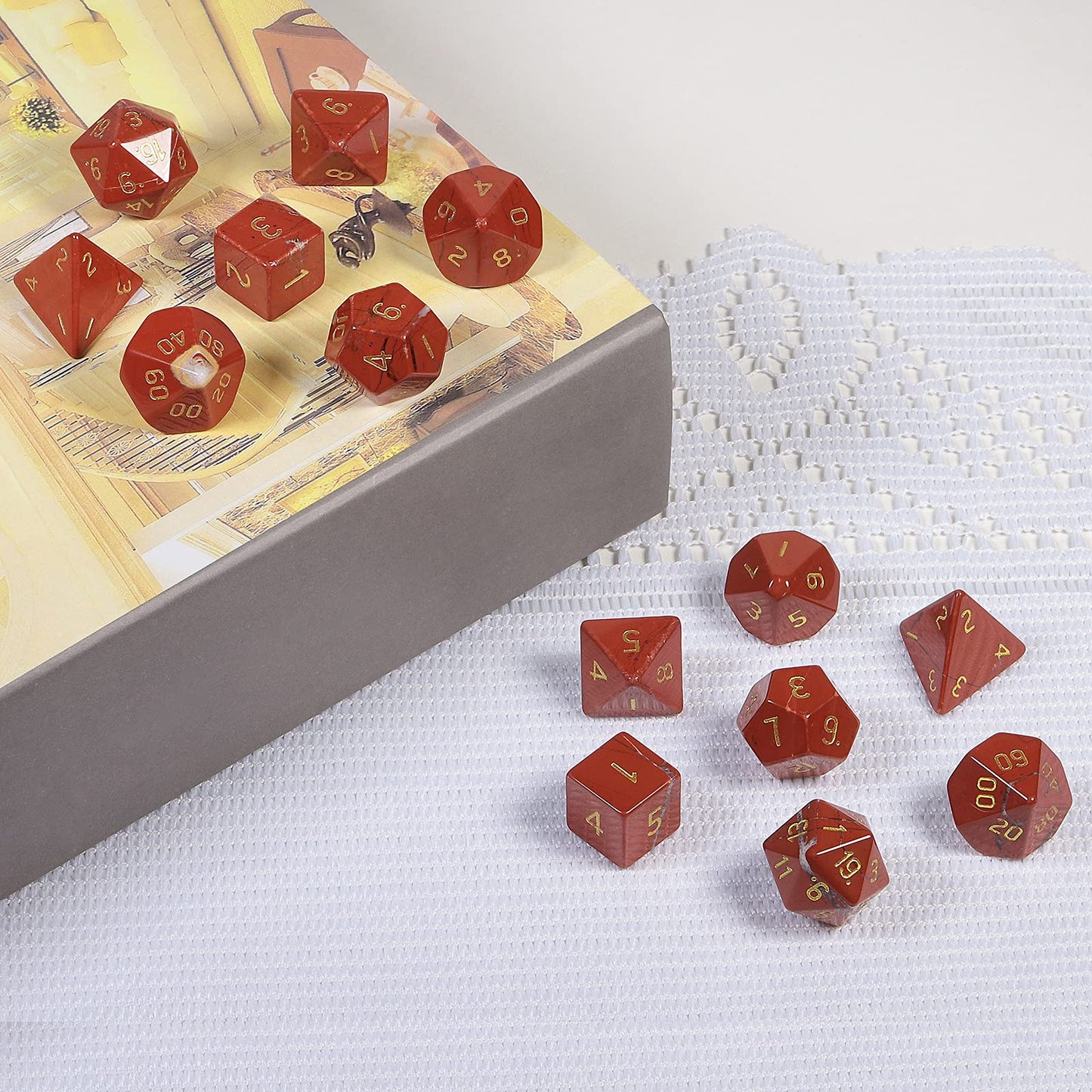 mookaitedecor 7 PCS Red Jasper Crystal Polyhedral DND Dice Set, Polished Tumbled Stones Dices for RPG MTG Table Games Home Decoration