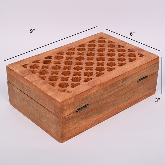 Samhita Mango Wood Decorative Wooden Box with Hinged Lid in Jali Carvings Used as Storage Box Christmas Gifts Items (9" x 6" x 3')