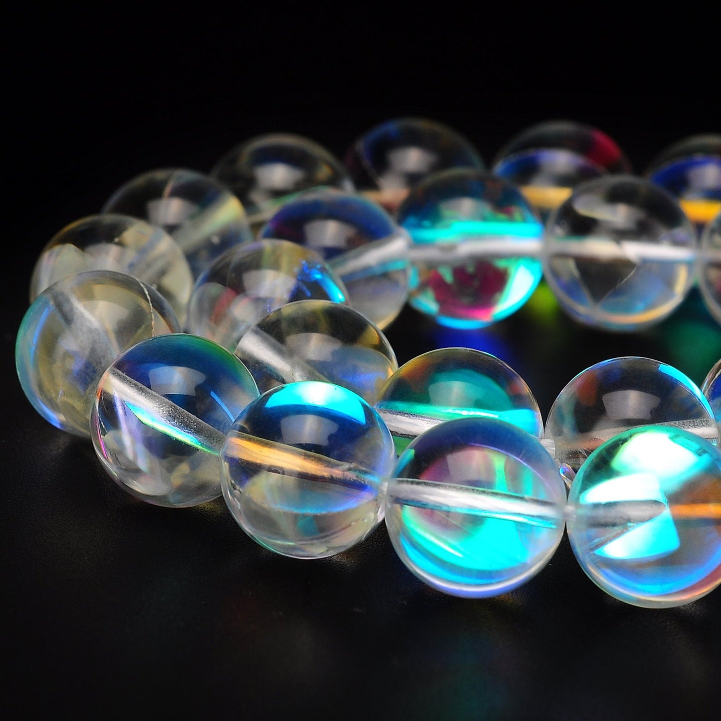 RUBYCA Round Moonstone Crystal Glass Beads Aura Iridescent for Jewelry Making (1 Strand, 10mm, White)
