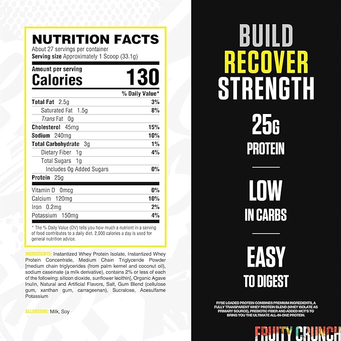 RYSE Loaded Protein Powder - Fruity Crunch - 25g Whey Protein Isolate & Concentrate with Prebiotic Fiber & MCTs - Low Carb, Low Sugar, Digestive-Friendly - 27 Servings / 2 lb Tub