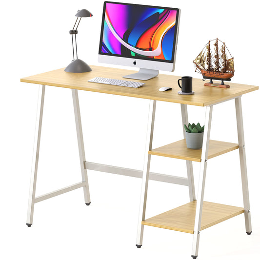 SHW 43-Inch Home Office Trestle Computer Desk with Open Storage Shelves, Oak