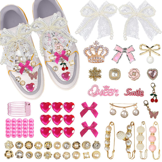 Molirex 80 Pcs Shoe Charms for Sneakers Women Junk Socks Charms Kit with Pearl Shoelace Gold Brooches and Pins, Rhinestone Pink Bows Charm Set