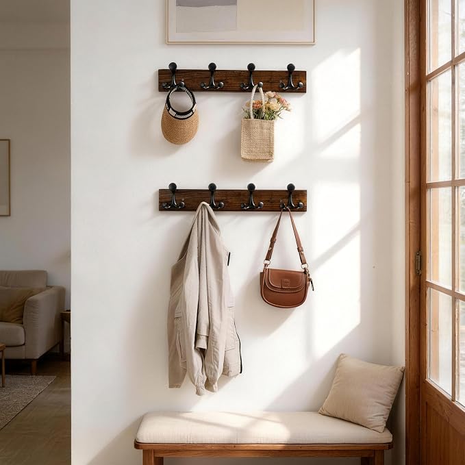 SKOLOO 24-Inch Walnut Wood Coat Rack Wall Mount with 4 Triple Hooks - Ideal for Family Entrances, Classrooms, and Pet Supplies Storage - Perfect Coat Hooks for Wall