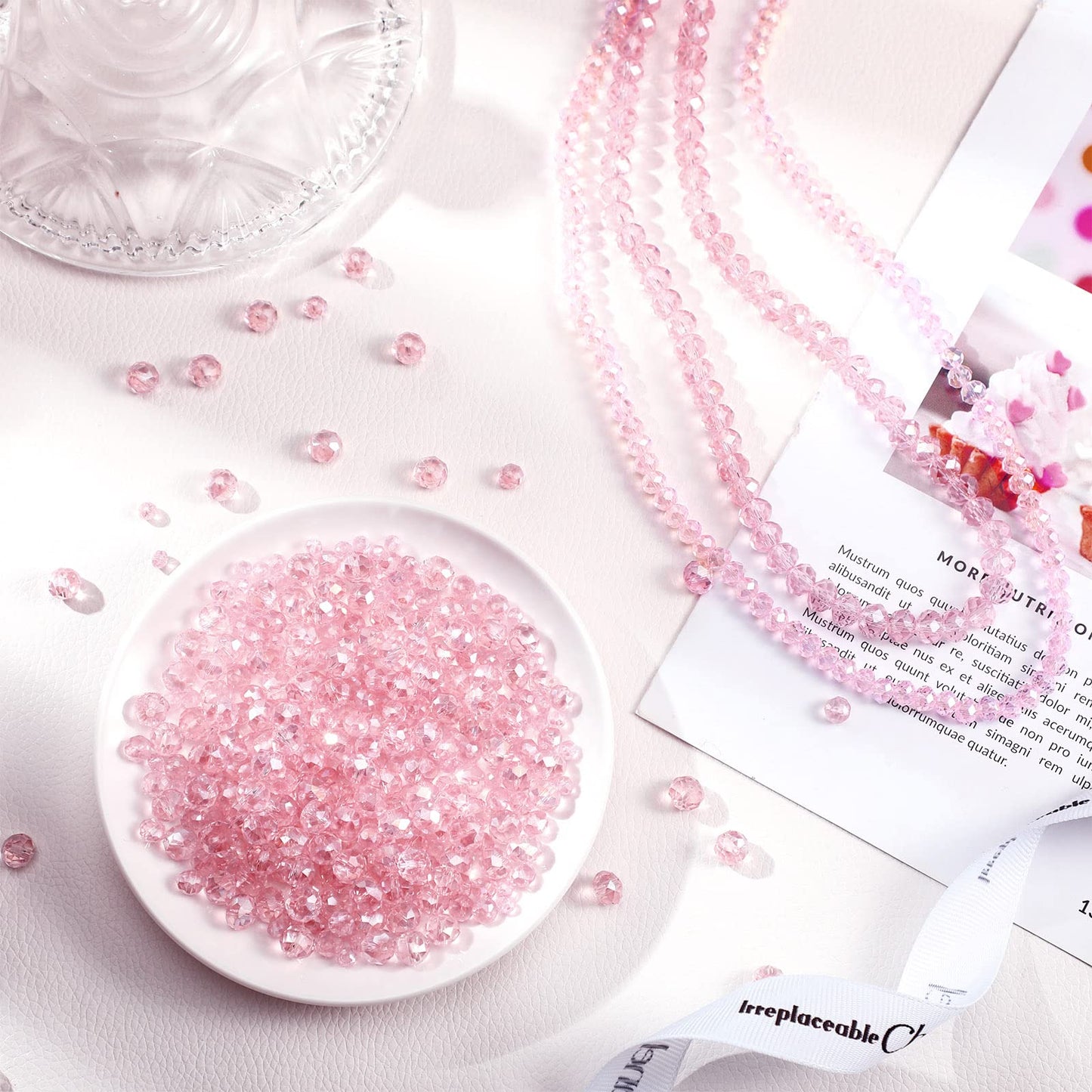 WILLBOND 600 Pcs Crystal Glass Beads for Jewelry Making Bulk Suncatcher Faceted Rondelle Loose Gemstone for Valentine's Day, Irish Holiday, Easter Bracelet DIY Crafts 8mm, 6mm, 4mm(Pink AB Color)