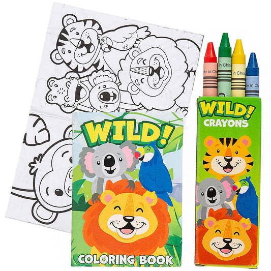 Fun Express Mini Zoo Sarfari Animal Coloring Book and Crayon Sets - 12 Books and 12 Boxes of Crayons - Party Favors, Daycare and Classroom Supplies - VBS Vacation Bible School Supplies/Decor