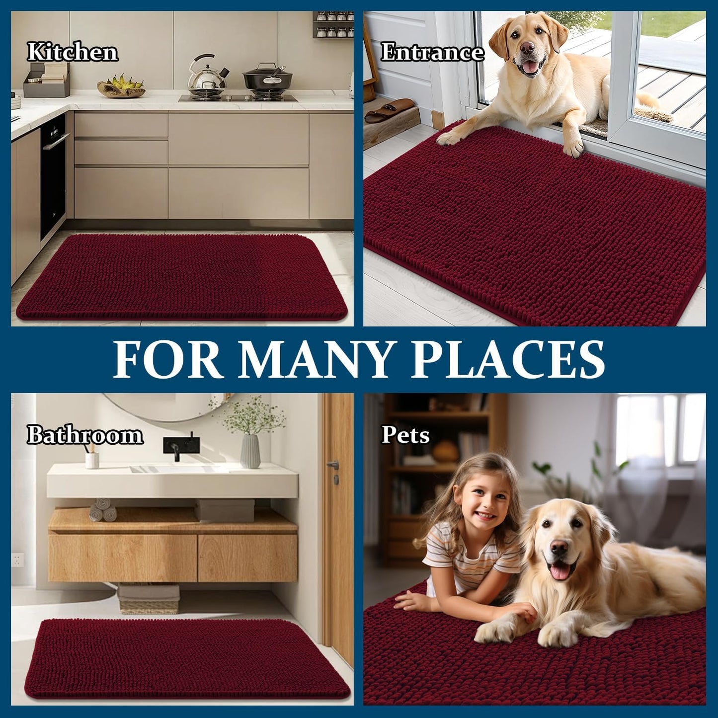 OLANLY Dog Door Mat - Absorbent Non-Slip Chenille for Muddy Paws | 40x32, Quick Dry, Burgundy
