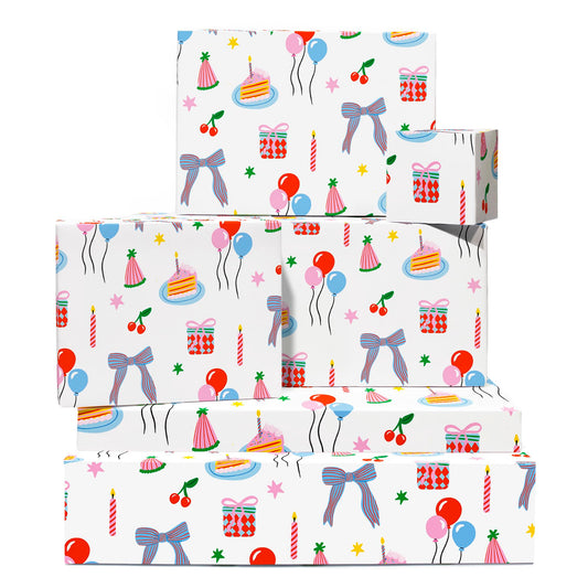 CENTRAL 23 Birthday Objects Wrapping Paper - 6 Sheets Gift Wrap for Kids or Friends - Birthday Party Theme - Cakes Balloons Bows and Candles on White Background - Comes with Tags